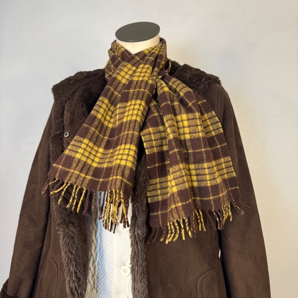 Vintage Wool Plaid Scarf Yellow Brown Tartan Fringe Fall Winter Unisex Academia